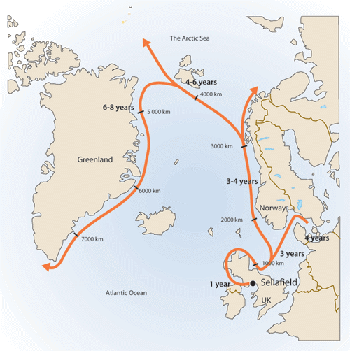 Figure 3.8 The map shows how caesium is carried from Sellafield by ocean
 currents. The route followed is the same as that followed by technetium. The
 map also shows how long it takes the caesium to reach the different
 areas once it has been discharged fro...