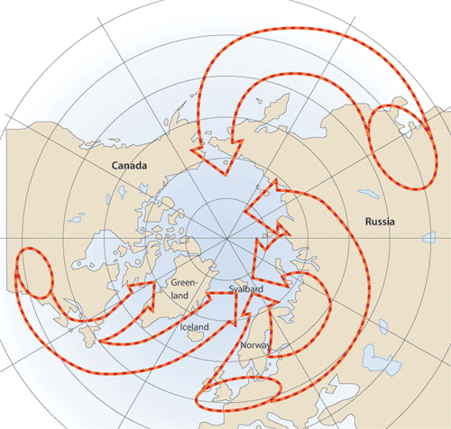 Figure 4.1 Predominant transport routes in the atmosphere for chemicals
 input to the Arctic. The main source of environmentally hazardous
 substances in the northern areas is long-range pollution, although local
 sources also play a part. Svalbard and the m...