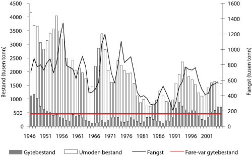 Figur 4.2 Utviklinga i bestand og fangst av norsk-arktisk torsk