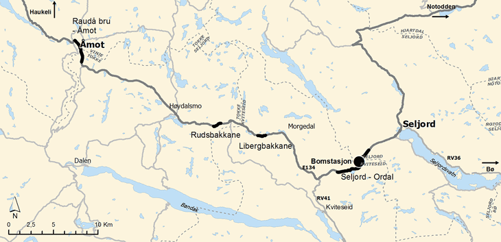 Figur 2.1 Utbetringsstrekningar på E134 og plassering av bomstasjonen Seljord – Åmot
