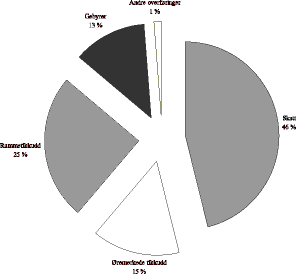 Figur 23.3 Fordeling av inntektene innenfor kommuneopplegget i 1999: skatt, overføringer og andre innenlandske overføringer og gebyrer i prosent av inntekter i alt. Inntekter i alt er korrigert for arbeidsmarkedstiltak og tilskudd til flyktninger m.v., renteinn...