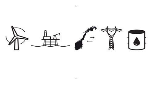 Energi ikoner som viser oljeplattform, vindmølle, eksport, nett, mast og oljetønne