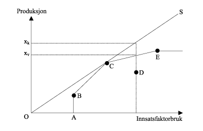 Figur 3.3 Produksjonsfront for ett produkt og én innsatsfaktor.
 Konstant og variabel skalaavkastning
