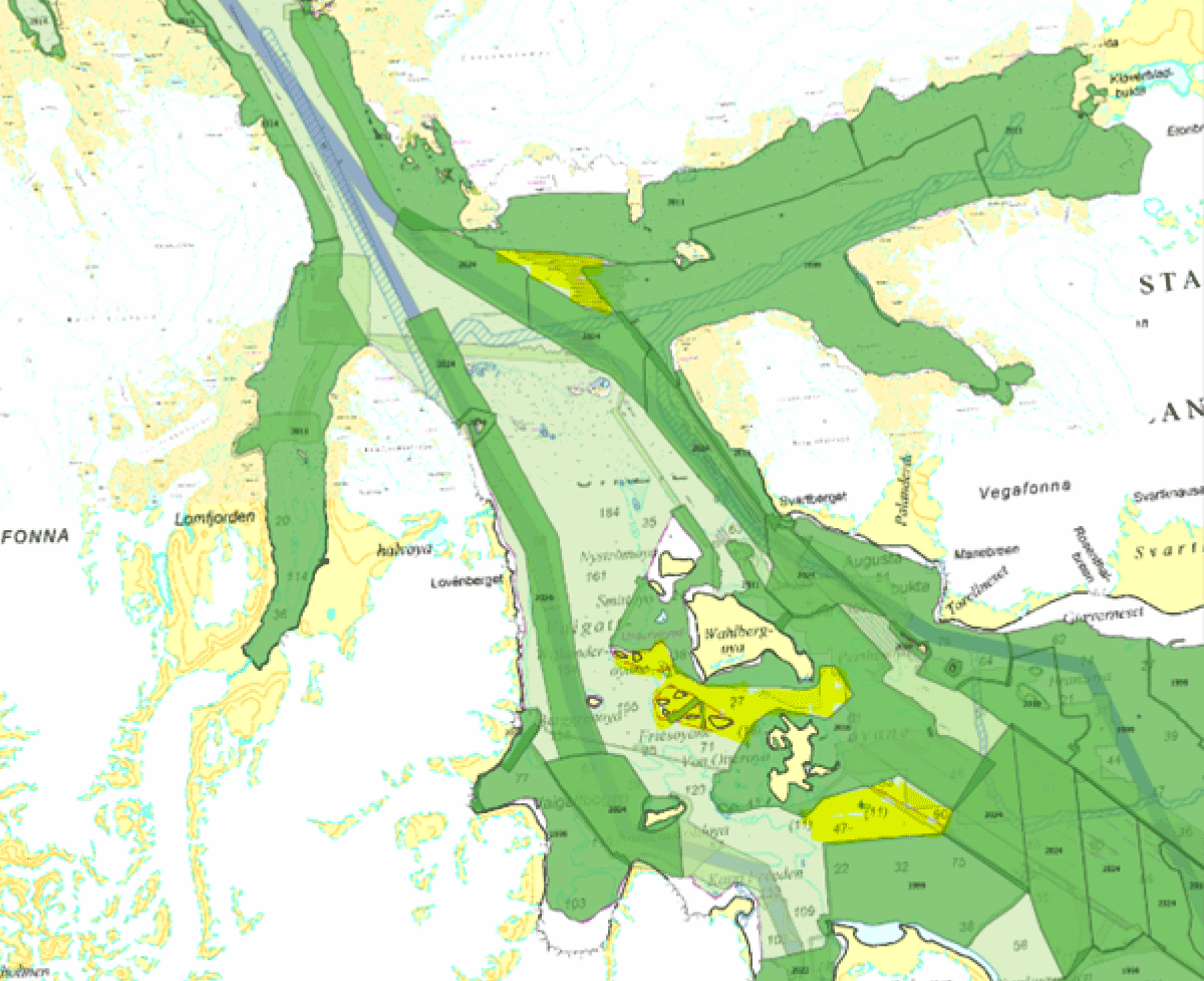 Figur 4.1 Planlagde område for sjømåling i midtre Hinlopenstretet i 2025 er markerte i gult.