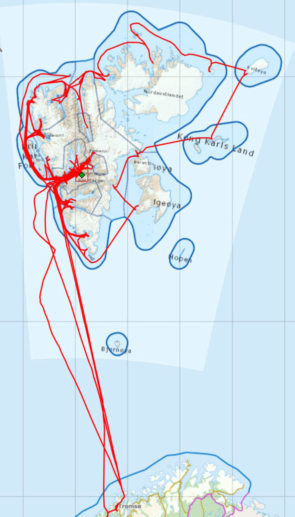 Figur 6.1 Kart over seglingane til MS Polarsyssel i 2024.