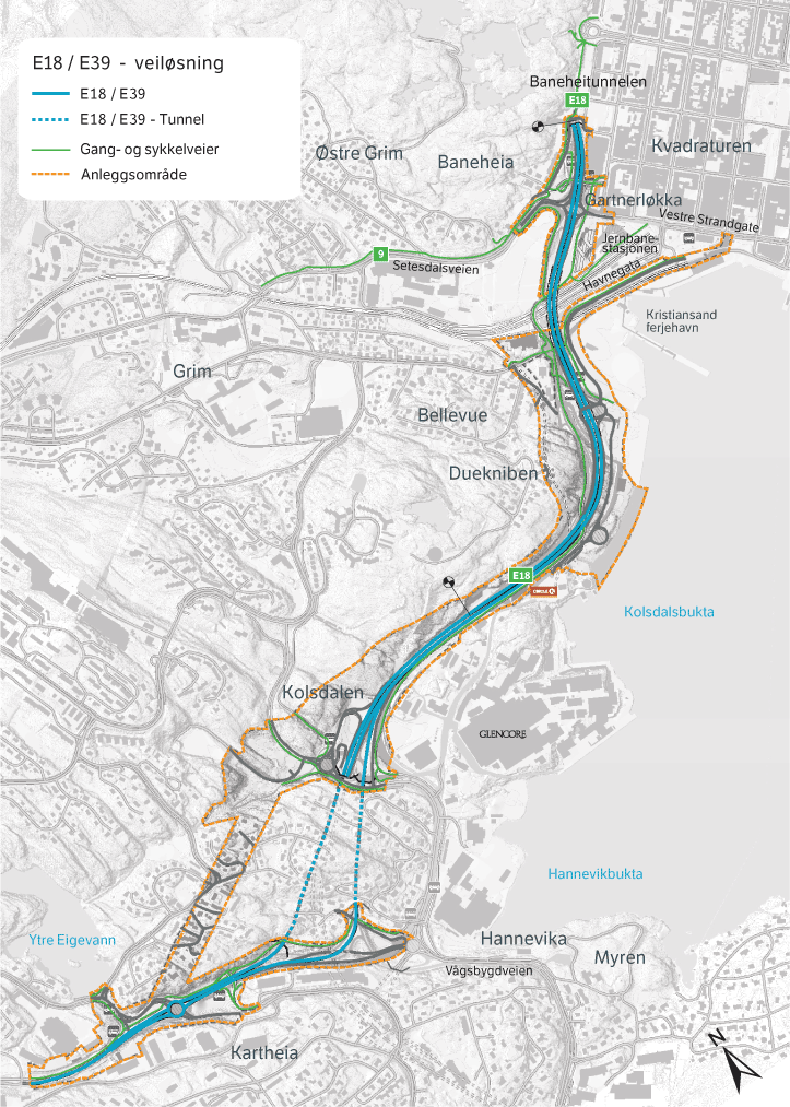 Figur 3.1 Oversikt over prosjektet E18/E39 Gartnerløkka–Kolsdalen