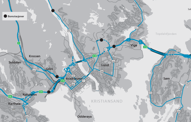 Figur 5.1 Bomstasjoner i Kristiansand