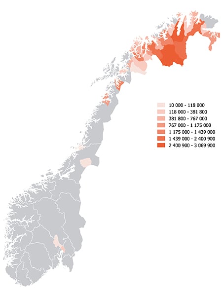 Figur 1.42 Kartet viser en kommunevis fordeling av de søkerbaserte næringstilskuddene i 2014
