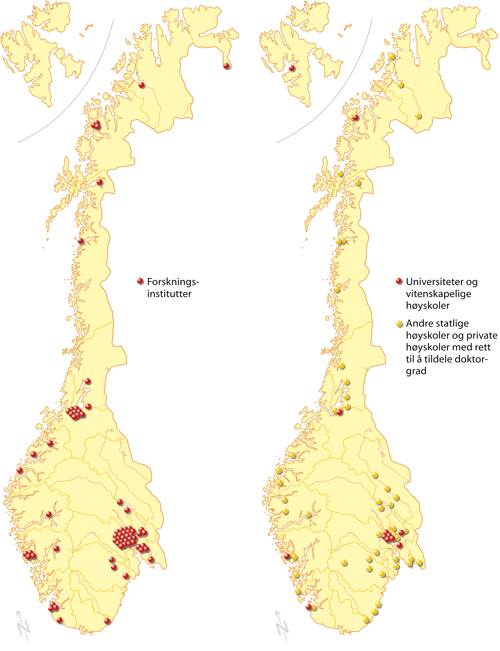 Figur 3.2 Geografisk fordeling av norske forskningsinstitutter (inkludert
 underavdelinger), universiteter og høyskoler.