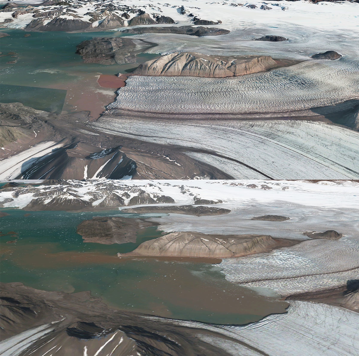 Figure 1.1 The illustrations show the positions of the glacier fronts in 2009 and 2023, respectively, for the Kongsvegen and Kronebreen glaciers. The glacial retreat spans a distance of approximately 3 km. (3D illustrations based on digital terrain model, aeria...