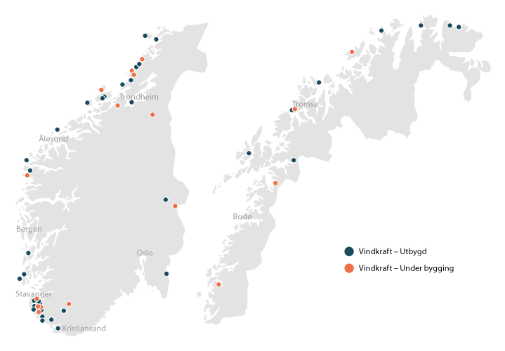 Figur 2.4 Kart over alle vindkraftverk som er utbygd, eller under bygging, i Norge per april 2020.
