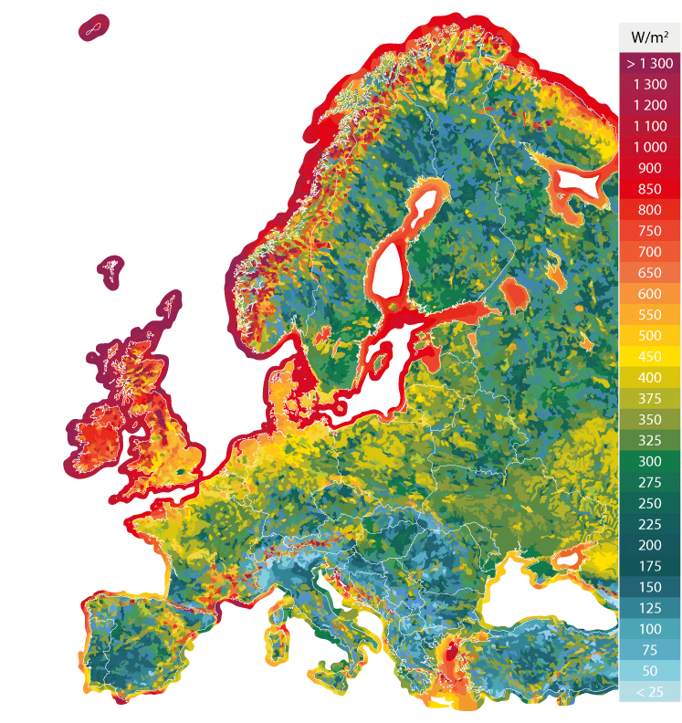 Figur 5.5 Kart over vindressursene i Europa, målt i Watt/m2.
