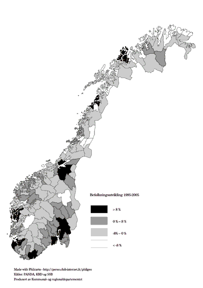Figur 3.4 Befolkningsutvikling 1995–2005 etter bo- og arbeidsmarkedsregioner