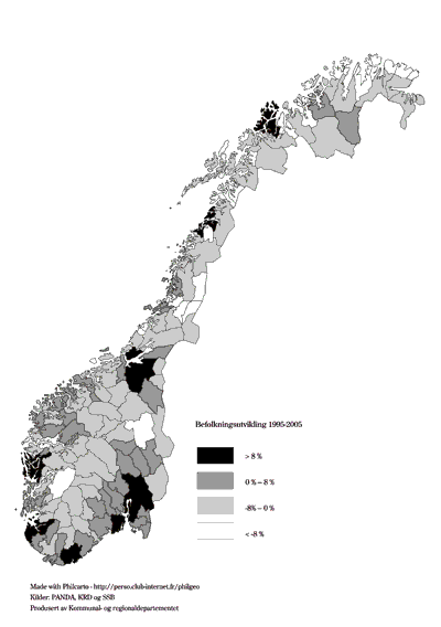 Figur 3.4 Befolkningsutvikling 1995–2005 etter bo- og arbeidsmarkedsregioner