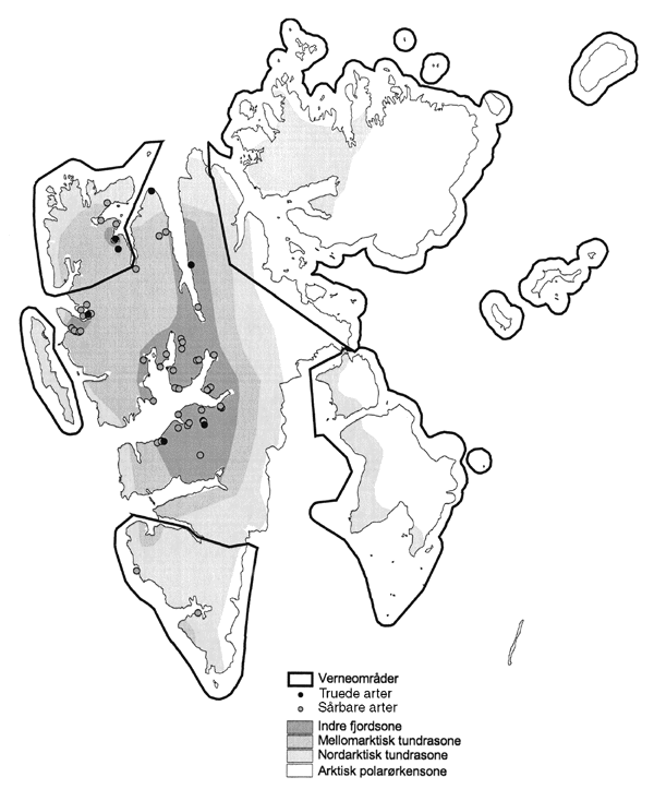 Figur 6.2 En større andel av karplantene på Svalbard har sterkt
 begrenset utbredelse, og mange er kun kjent fra noen få lokaliteter. Mange
 arter er derfor sårbare i svalbardsammenheng. Av karplantene regnes ca 20
 % som sjeldne på Svalbard. Tilsvarende ta...