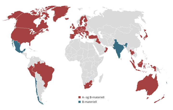 Figur 1.2 Land som har mottatt A- eller B-materiell i 2021