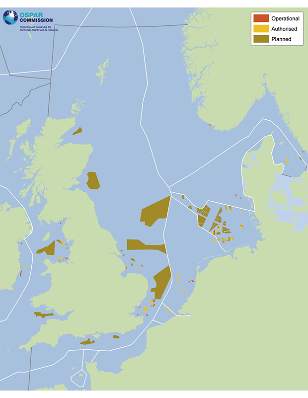Figure 4.12 Planned, authorised and operational wind farms in the North Sea area.
