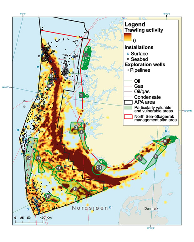 Figure 7.7 Activities and installations in the management plan area with impacts on the seabed (bottom trawling, petroleum installations, exploration wells, pipelines).
