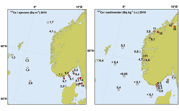 Figur 3.6 Kartene angir nivåene av cesium-137 i sediment og sjøvann fra Nordsjøen og Skagerrak i 2010