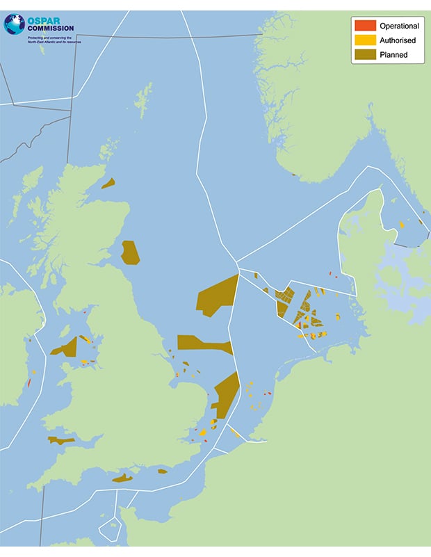 Figur 4.12 Planlagte og etablerte havvindanlegg i nordsjøområdet.