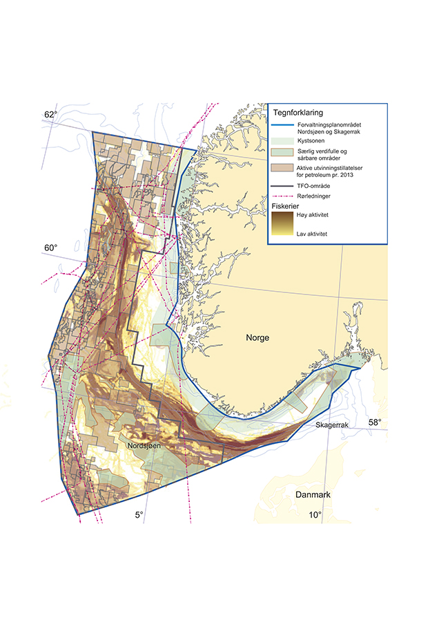Figur 5.2 Petroleumsvirksomhet og fiskeriaktivitet i Nordsjøen og Skagerrak