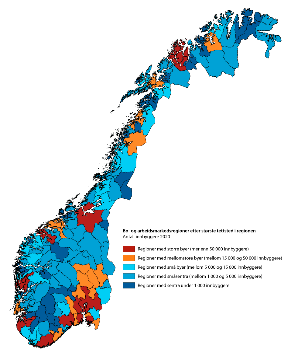 Figur 8.3 Bo- og arbeidsmarkedsregioner (BA-regioner)  etter største tettsted i regionen1