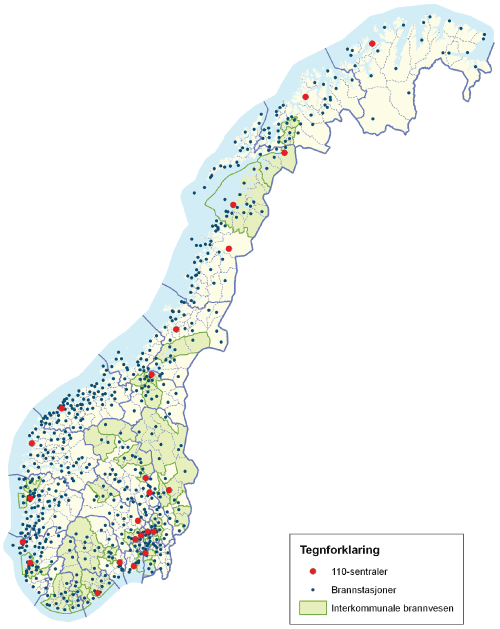 Figur 4.11 Brannstasjoner og 110-sentraler i Norge.