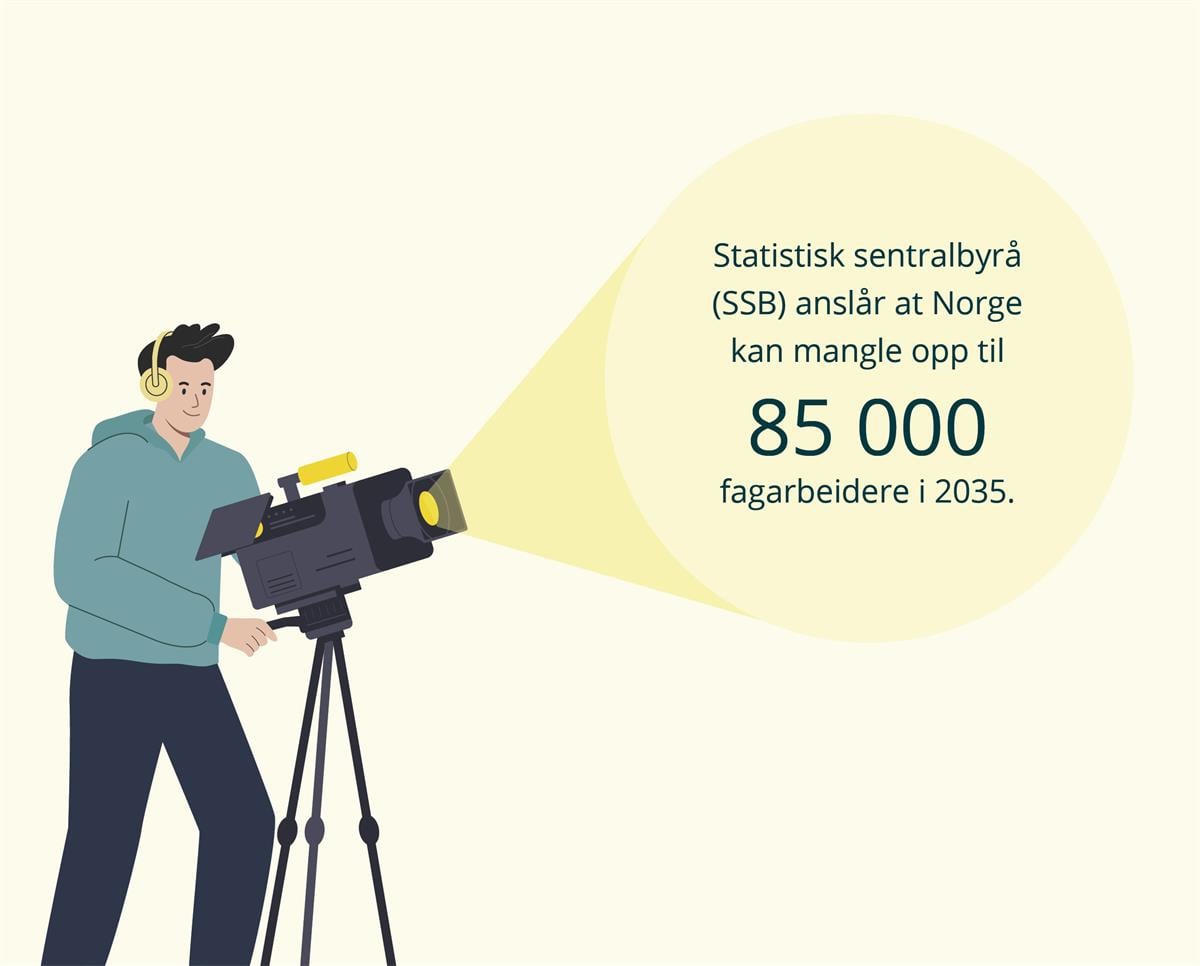 Illustrasjon av en lærling i medieteknikkfaget som har på seg hodetelefoner og filmer med et kamera på stativ.