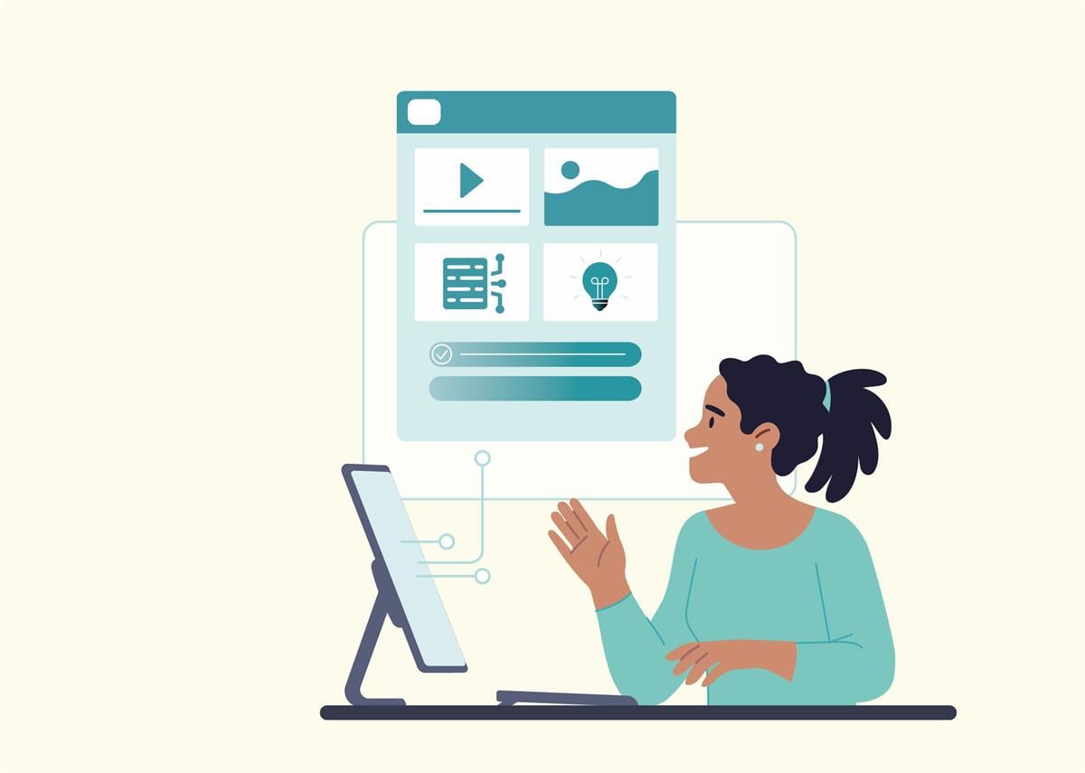 Illustrasjon av en lærling innen mediefag sitter ved en dataskjerm med et digitalt grensesnitt som viser video, bilde, kode og en lyspære, som symboliserer digitalt innhold, teknologi og kreativitet og nytenkning.