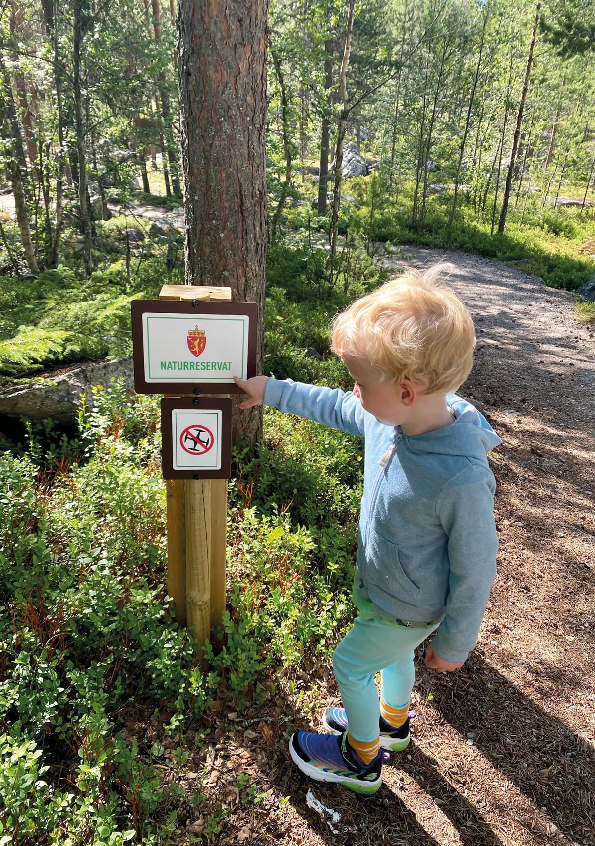 Lyshåret barn peker på Naturreservat-skilt langs en skogssti.