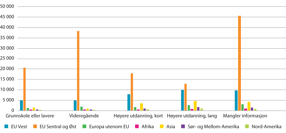 Figur 12.4 Antall ikke-nordiske arbeidsinnvandrere med ulike utdanningsnivåer fra de ulike landgruppene. 2020
