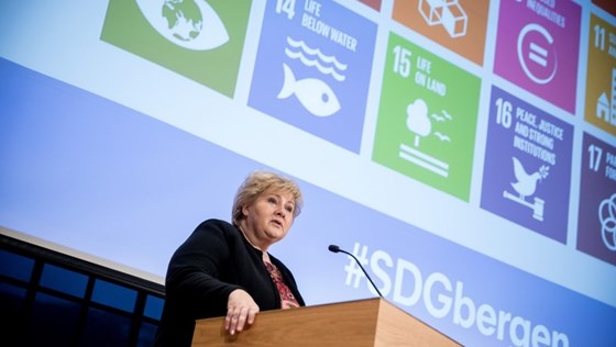 Prime Minister Solberg giving her speech at SDG Conference Bergen.