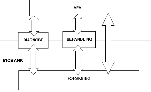 Figur 4-1 Figuren illustrerer hvordan humant biologisk materiale kan innsamles eller overføres til en forskningsbiobank. Enten via en diagnostisk- eller behandlingsbiobank, eller direkte fra avgiver til forskningsbiobanken. At pilene går begge veier illustrere...