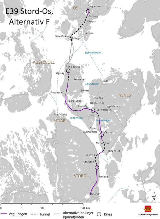 Kartutsnitt som viser trasévalg for kommunedelplan for E39 Stord-Os