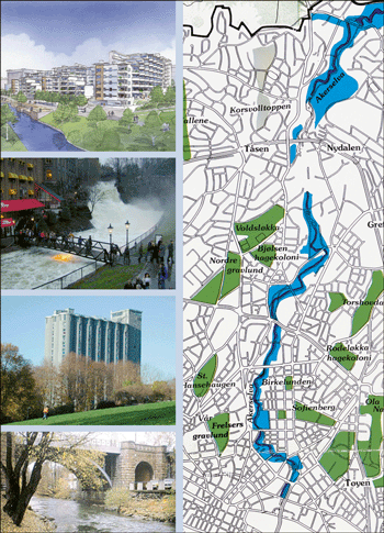 Figure 1.1 Illustrations from the river basin of Akerselva: Housing project, old manufacturing building now housing restaurants, cultural venues and businesses, grain silo transformed into student flats, and the Sanner bridge.