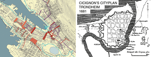 Figure 3.13 Historical Bergen: The map of cultural heritage shows main arteries, streets and urban spaces in the city from the 17th century that still give Bergen identity. To the right: The Cicignon plan for central parts of Trondheim from 1681. This grid-struc...