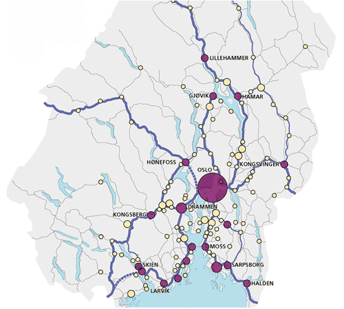 Figure 4.1 Cities and towns connected to the railway system in eastern Norway.
