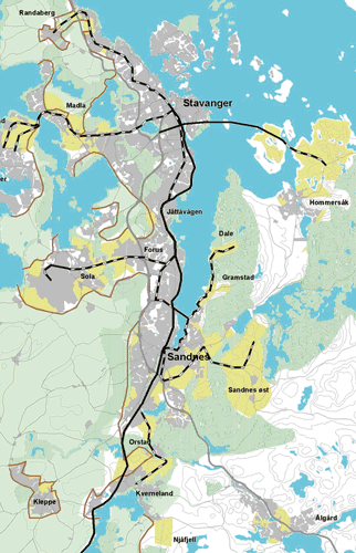 Figure 4.3 Long-term city development in the Jæren region. The map shows how existing and new development pattern (grey and yellow) support the public transport system by rail and bus. The majority of the future growth shall take place within the existing build...
