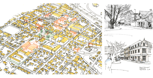 Figure 4.7 Infill opportunities in central parts of Sarpsborg, shown in red.