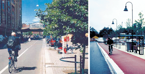 Figure 5.12 Bycycle lanes situated at Grønland (Oslo) and at the Blue Promenade in Tønsberg.