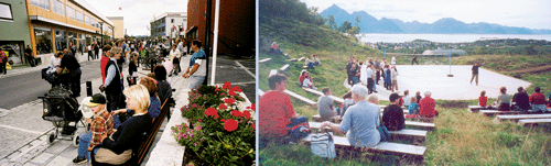 Figure 5.18 The environmentally friendly main street has become a pleasant place for shopping and social activity – a place previously dominated by cars. The picture to the right shows the Litj-Brekka Kos & Amfi – where volunteer work is essential for operations...
