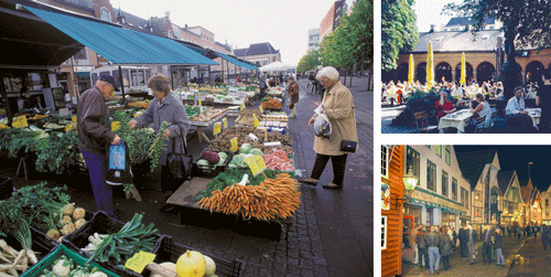 Figure 5.2 Everyone wants a vivid city-centre, here illustrated by a marketplace, outdoor-cafés and the local nightlife.