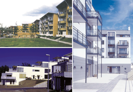Figure 5.8 Dense housing development with good residential environment and elegant architecture in smaller Norwegian cities. The photos show low blocks in Steinkjer (up, left), terraced apartments in Tromsø (down, left), and four-floor blocks in Ålesund (right)...