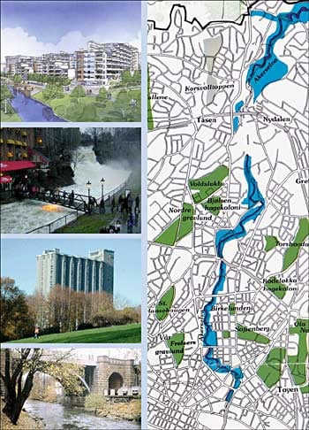 Figur 1.1 Illustrasjoner fra Akerselva: Boligprosjekt i Nydalen, eldre næringsbygg med restaurantvirksomhet, kornsilo ombygget til studentboliger, Sannerbrua.