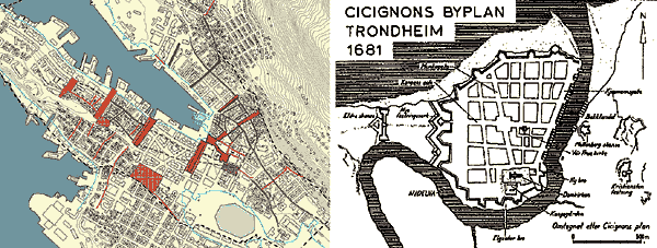 Figur 3.13 Det historiske Bergen: Kulturminnekartet viser ferdselsårer, gatenett, allmenninger og plasser fra 1600-tallet som fremdeles gir identitet til Bergen sentrum. Figur til høyre: Cicignons plan fra 1681 Trondheim sentrum (Midtbyen). Kvartalsstrukturen e...