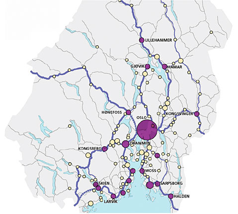 Figur 4.1 Byer og tettsteder på Østlandet tilknyttet jernbanenettet.
