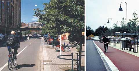Figur 5.12 Grønland i Gamle Oslo. Bildet til høyre viser sykkelfelt ved havnepromenaden i Tønsberg.