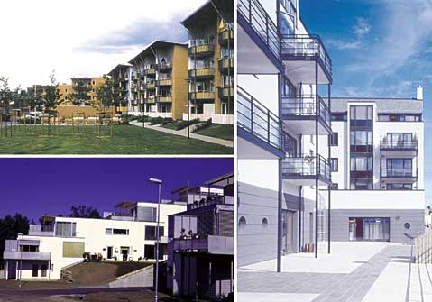 Figur 5.8 Tett boligutbygging med godt bomiljø og god arkitektur. Figuren viser lavblokker i Steinkjer (øverst til venstre), terrasserte boliger i Tromsø (nederst til venstre), samt lavblokker i Ålesund.