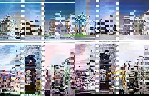 Figur 6.3 Staten er en stor byggherre og har mulighet til å fremme kvalitet i det offentlige miljø. Illustrasjonen viser et utsnitt av bygg de seneste årene fra Statsbygg: Høgskolen i Ålesund, Nordnorsk Kunstmuseum (Tromsø), Rikshospitalet (Oslo), Bastøy lands...