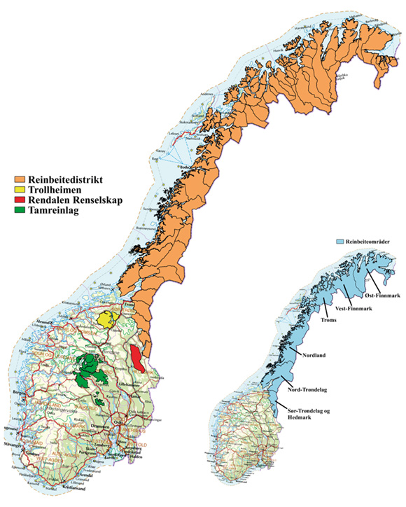 Figur 2.2 Oversiktskart over reindriftens utbredelse i Norge
